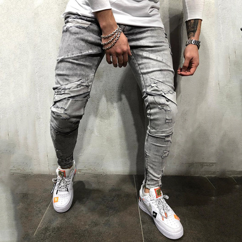 Frayed denim gray trousers for men's