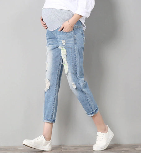 Fashion maternity pants summer 2021 tide hole jeans seven points loose thin tight stretch