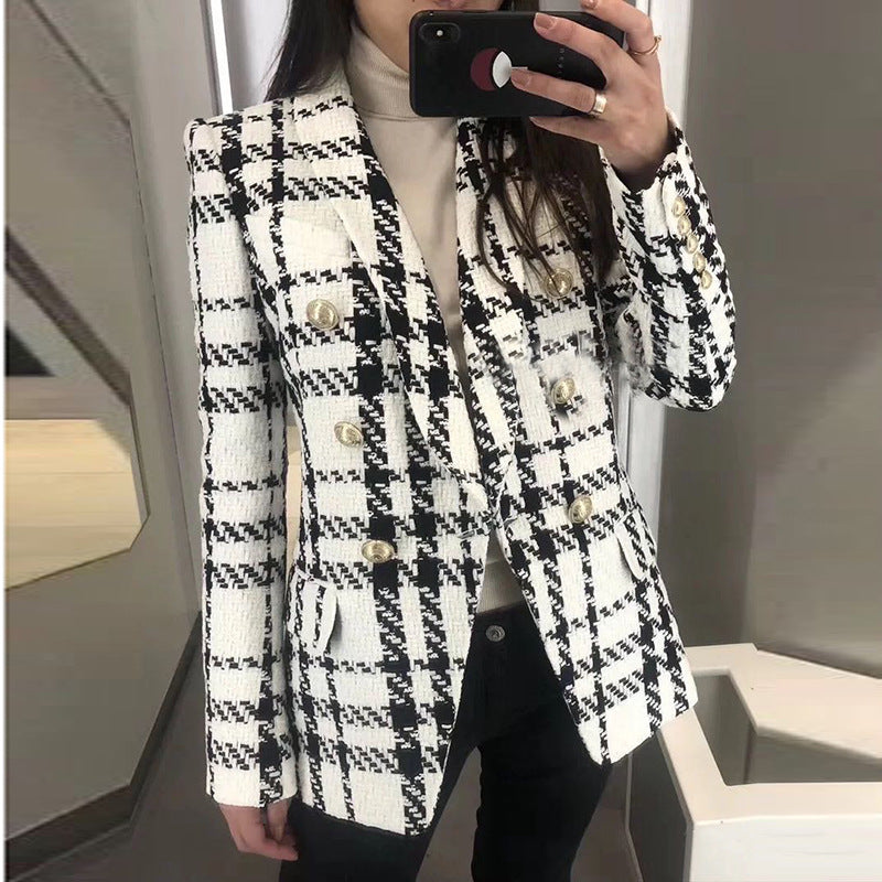 Check wool double-breasted blazer for women