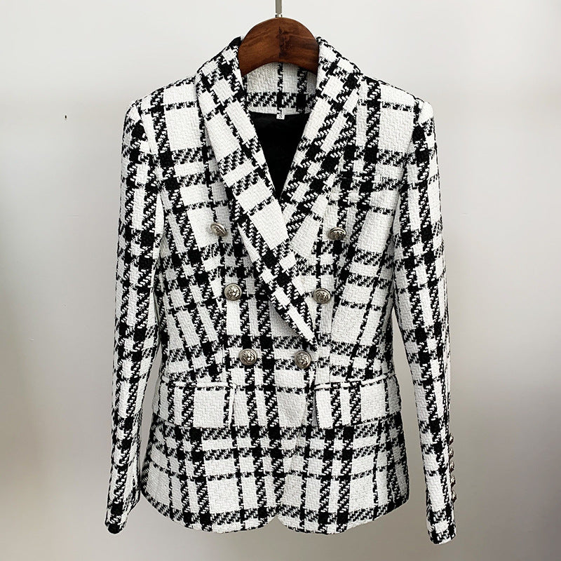 Check wool double-breasted blazer for women