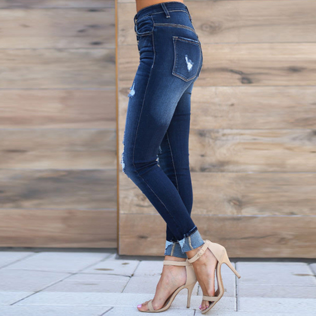 Pin buckle slim fit jeans for women