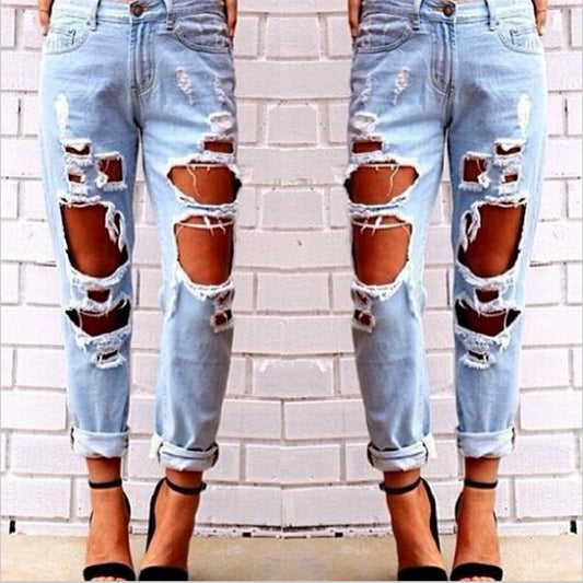 Aliexpress explosion Europe Code loose wild sexy big hole beggar exaggerated boyfriend jeans