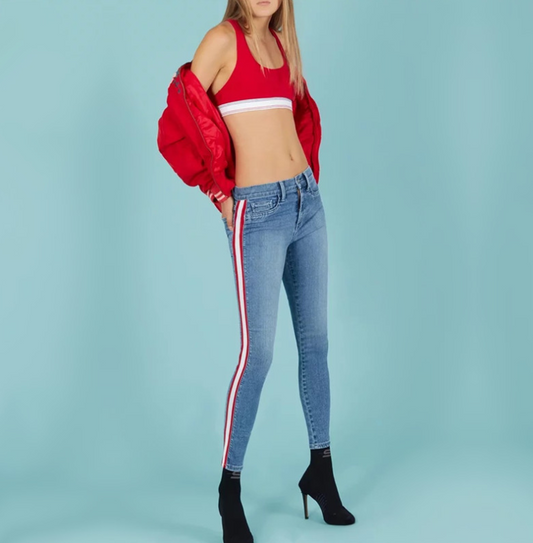 Women's color matching side stripe pencil pants new European and American fashion nine points pants jeans