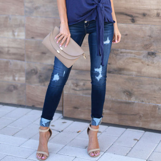 Pin buckle slim fit jeans for women