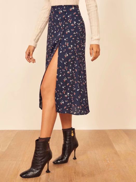 French niche retro blue floral skirt for women