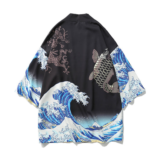 Japanese ukiyo-e painted robe wave squid print kimono men and women loose seven-point sleeve shirt thin section