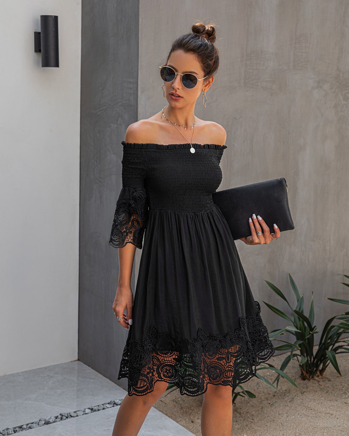 One-shoulder backless solid color lace dress