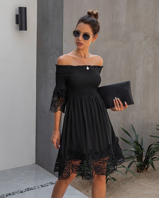 One-shoulder backless solid color lace dress