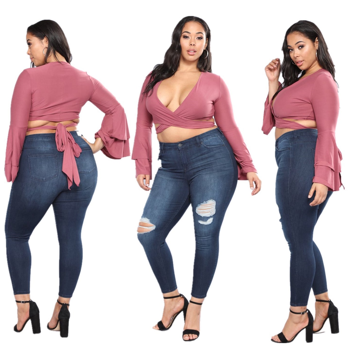 Large size women's hole dark blue big ass jeans women's clothing