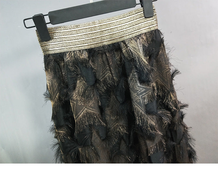 Gold Thread Elastic Waist Long Feather Skirt for women