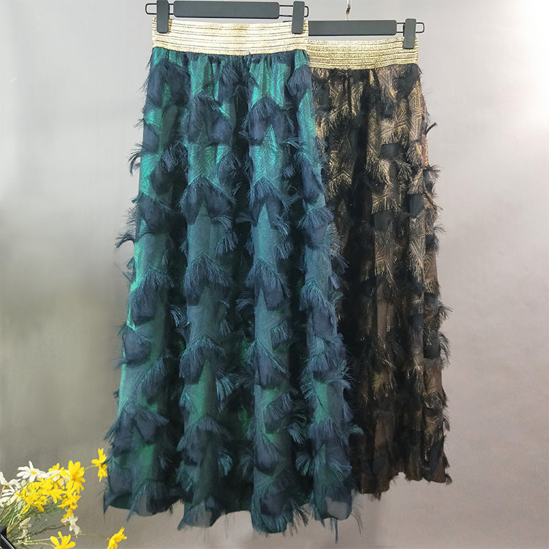 Gold Thread Elastic Waist Long Feather Skirt for women