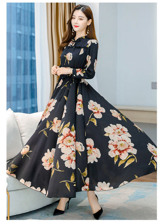 Women's Long-sleeved Waist Slimming Printed Dress