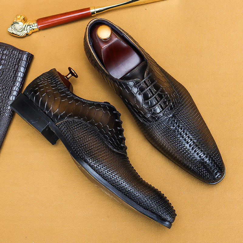 Leather Men's Top Layer Cowhide Formal Business Shoes With Pointed Pattern