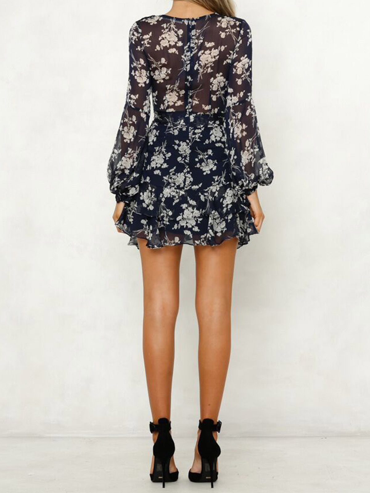 Long Sleeve Printed V-neck High Waist Pullover Tie Dress