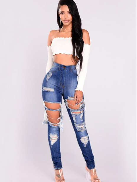 European and American style summer new grind hole jeans trousers feet high waist pants