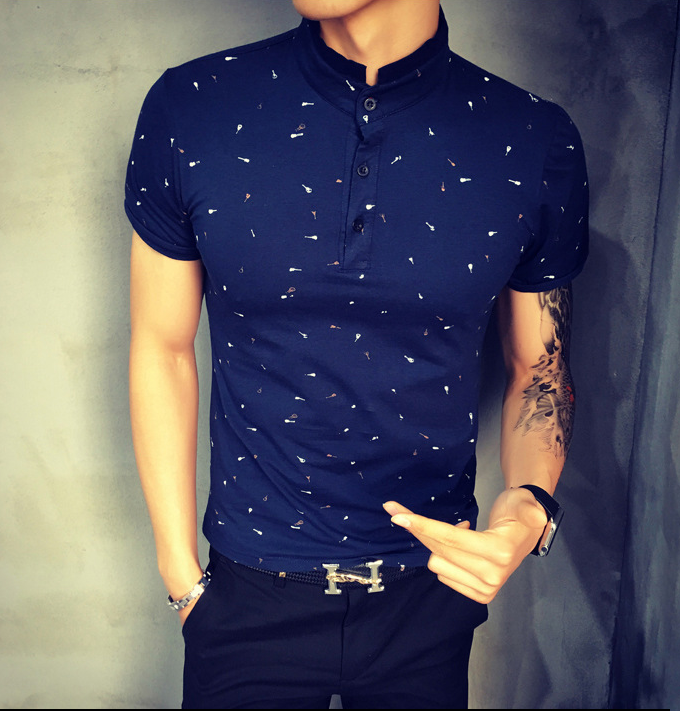 Guitar Print Stand Collar T-shirt