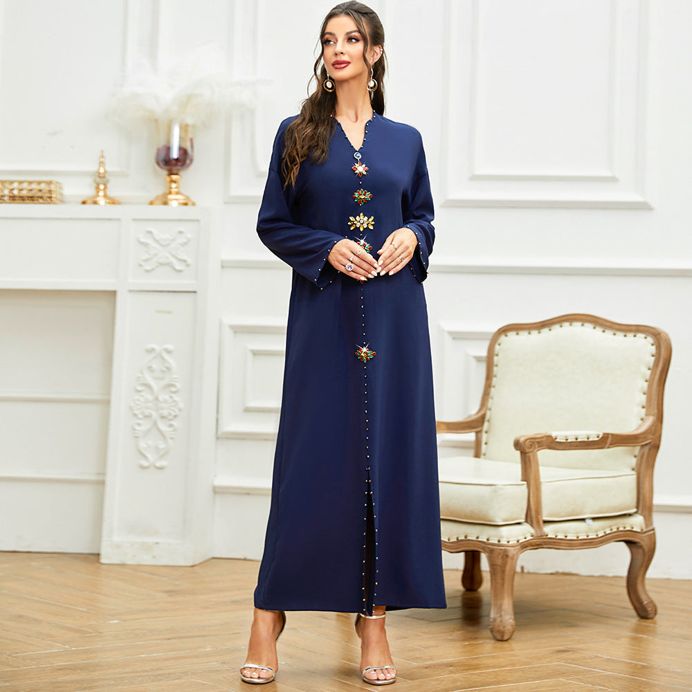 Navy Blue Neckline Seam Drill Temperament Slim Slim Robe Dress