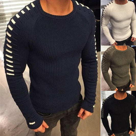 Men's Fashion Casual Sweater Pullover Stripe splicing Thick Slim fit Knitted Round Neck