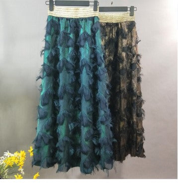 Gold Thread Elastic Waist Long Feather Skirt for women