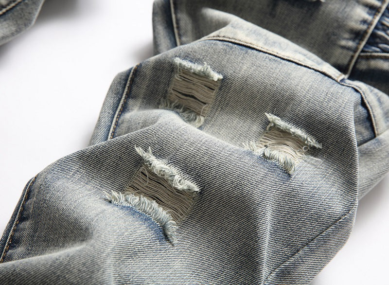 European And American Nostalgic Men Ripped Personality Mid-Rise Jeans