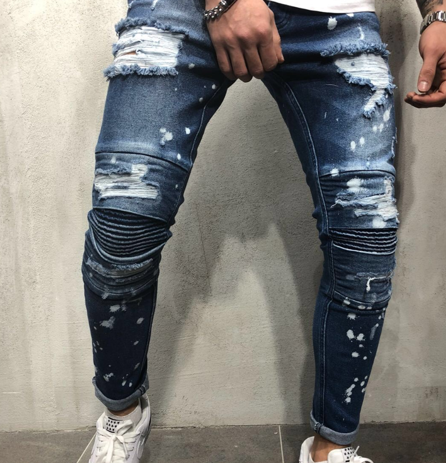 Men's Slim Feet Jeans Hole Tide Knee Pleats Men's Motorcycle Jeans