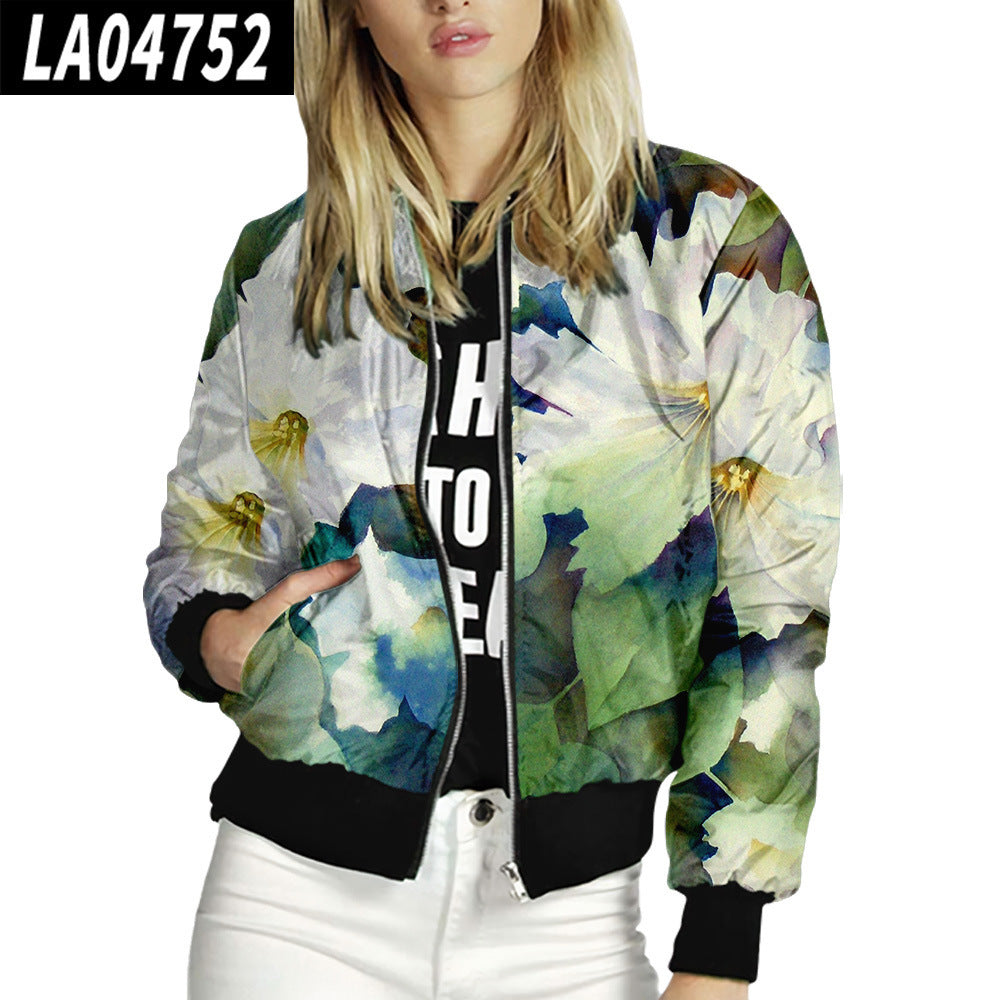 Women Stand Up Collar Baseball Uniform Floral Pattern