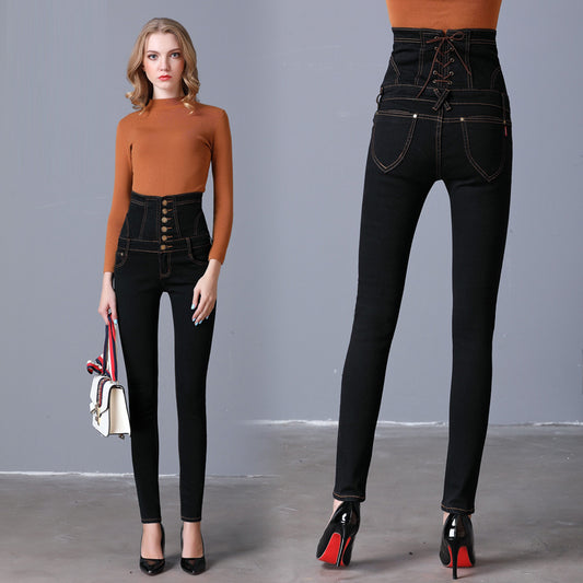 Women 2022 spring new black high waist large size pants Pants small feet jeans slim jeans long pants
