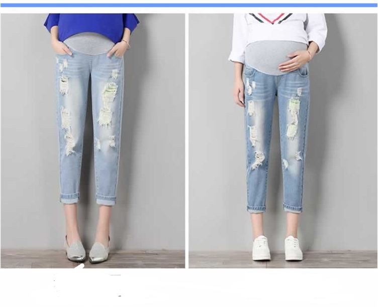 Fashion maternity pants summer 2021 tide hole jeans seven points loose thin tight stretch