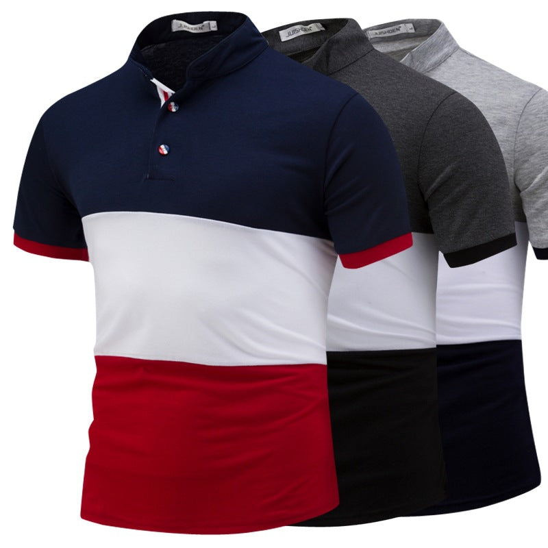 Colorblock stand collar short sleeve T-shirt