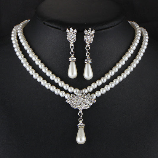 Women Jewelry Bridal Pearl Crystal Diamond Short Clavicle Neck Necklace Set