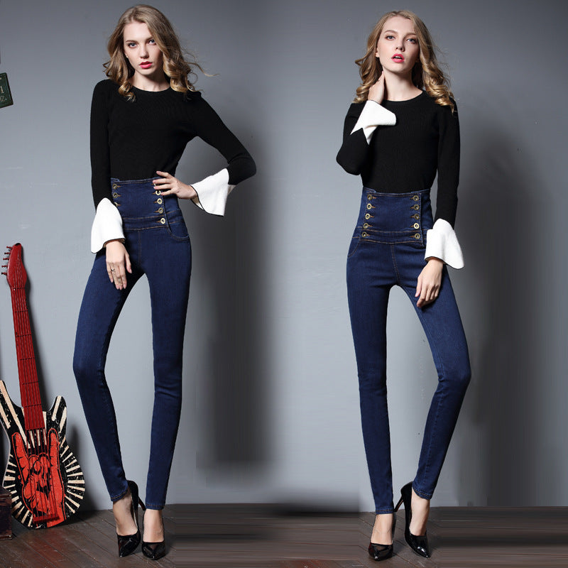 2022 European women's station large yards high waisted jeans female thin elastic feet pencil pants
