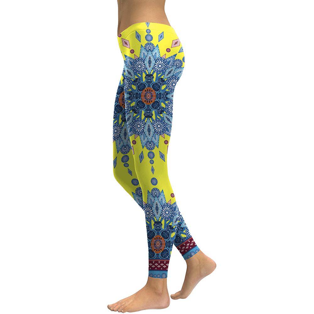 Yellow Blue Starburst Mandala Flower Yoga Workout Leggings For Women