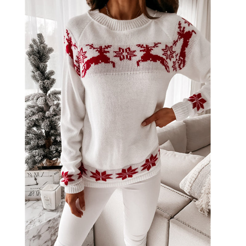 Elk Partial Jacquard Ladies Knitted Long-sleeved Top