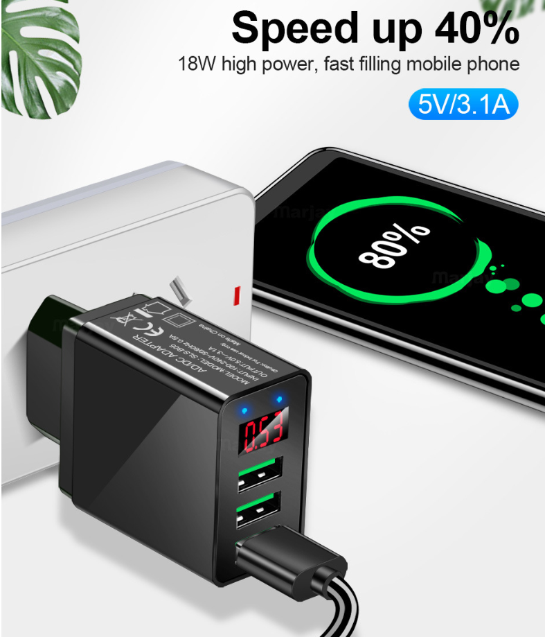LED Display EU 3 Port USB Charger 3A
