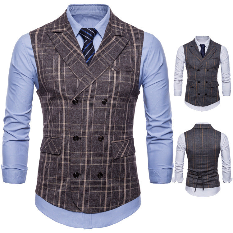 Double-breasted retro checked vest