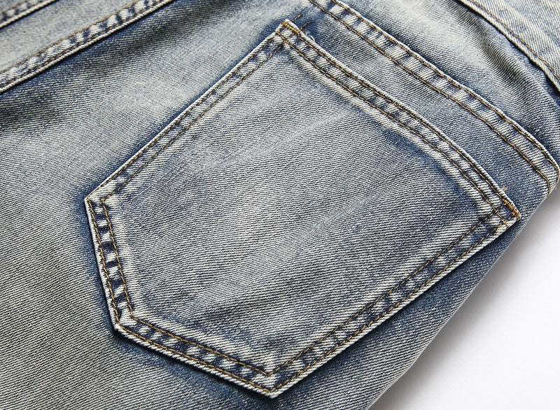 European And American Nostalgic Men Ripped Personality Mid-Rise Jeans