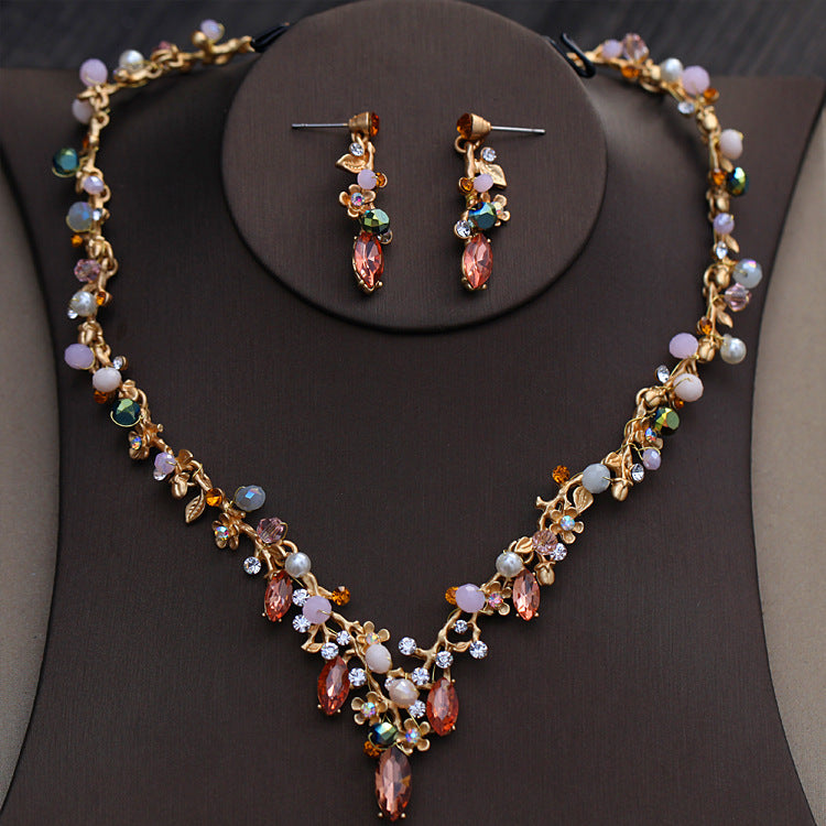 Women Korean Bride Necklace Set Color Rhinestone Necklace Necklace Wedding Wedding Dress Accessories