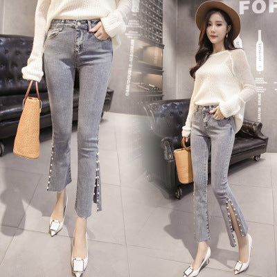 Heavy industry beaded split denim flared pants for women