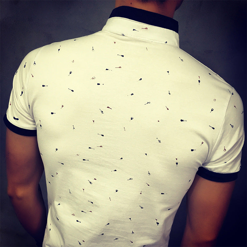 Guitar Print Stand Collar T-shirt
