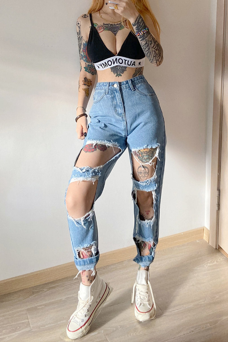 Ripped raw high-rise jeans for women