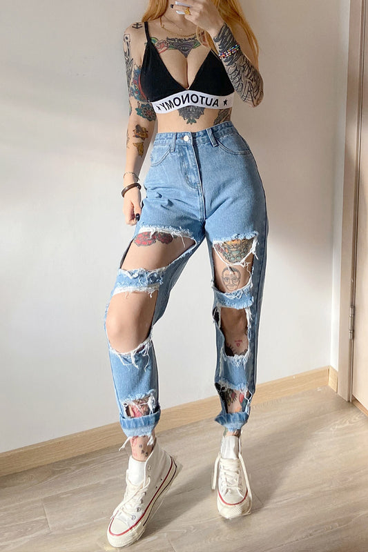 Ripped raw high-rise jeans for women
