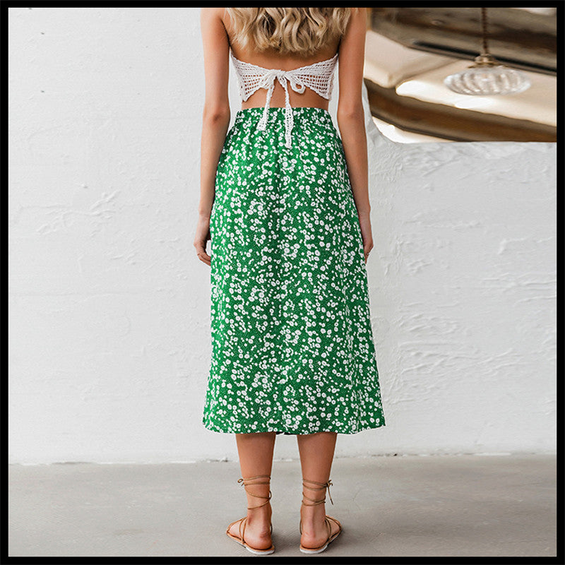 Holiday idyllic printed button mid-length skirt slim for women