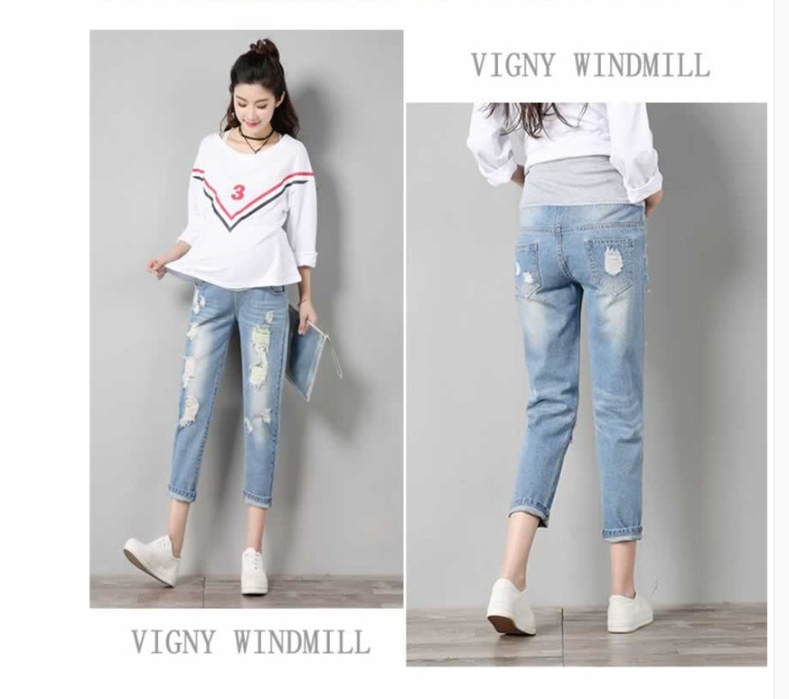 Fashion maternity pants summer 2021 tide hole jeans seven points loose thin tight stretch