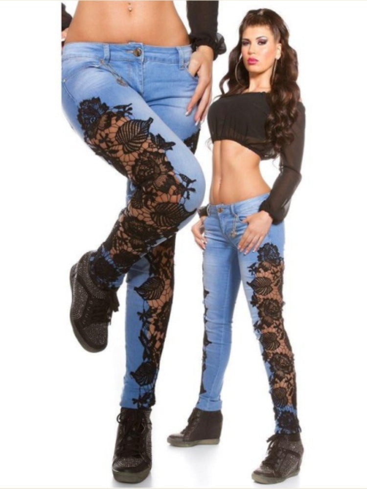 Sexy lace perspective stitching jeans for women