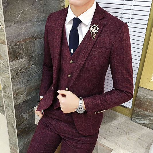 Autumn and winter new suits, men's and grooms wedding dresses, plaid suits, suits, three-piece suits