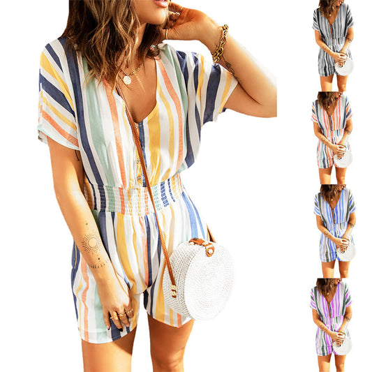 Summer Fashion New Women's Elastic Waist Striped Women's Print V-Neck Button Bodysuit