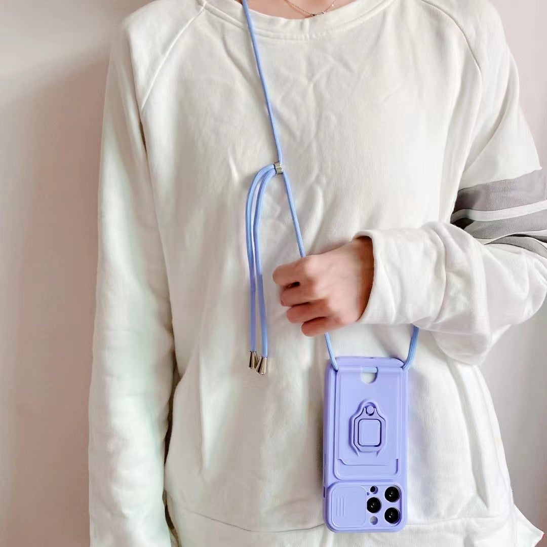 Push Window Card Ring Bracket Diagonal Strap Lanyard Phone Case