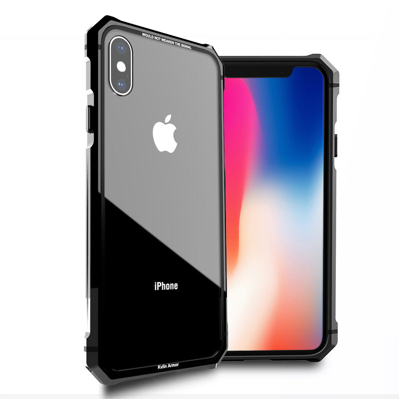 Transparent tempered glass phone case with super strong shock proof metal phone case for iphone and android mobiles