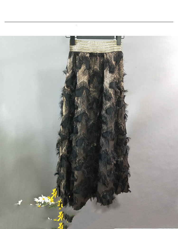 Gold Thread Elastic Waist Long Feather Skirt for women