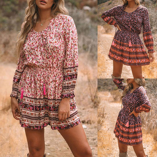 Printed V-neck Lantern Long Sleeve High Waist Casual Dress